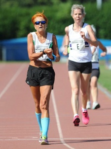 Cath Duhig having just crossed the line setting a new League Record in the 2000m walk at Bedford EMAC T&F League Final Sunday 11 Sept 2016